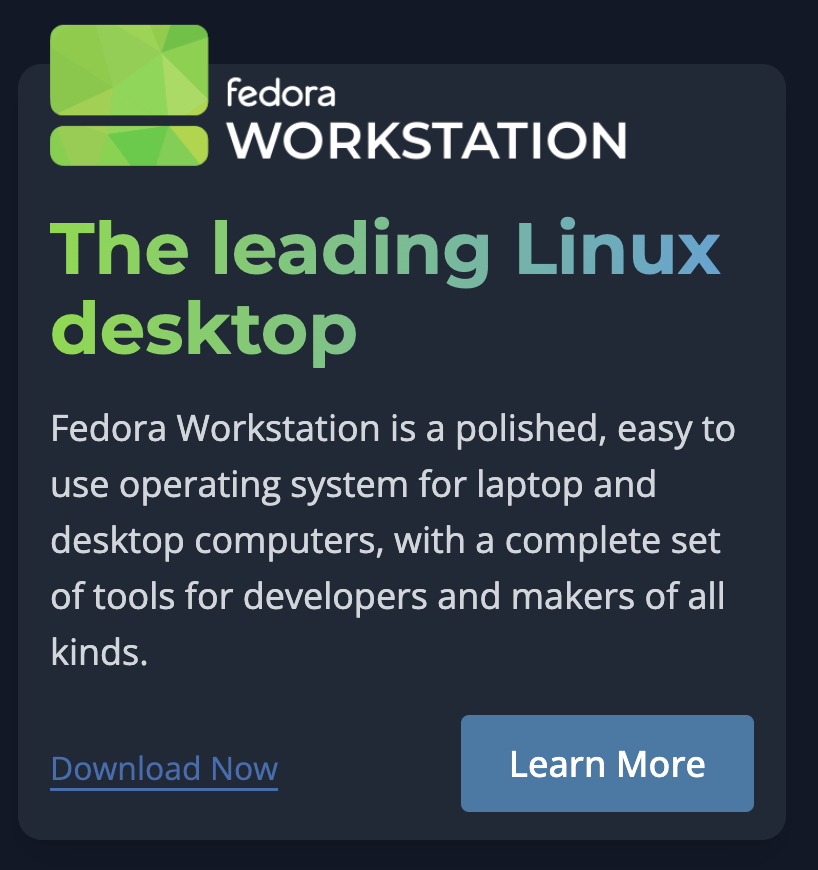 Screenshot eines Ausschnittes der Webseite "getfedora.org" mit Logo und Schriftzug "Fedora Workstation"
