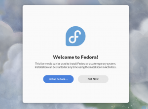 Screenshot: Begrüßungsbildschirm nach dem Start des Computers vom ISO-Image mit dem Schriftzug "Welcome to Fedora", Erläuterungstext und zwei Schaltflächen