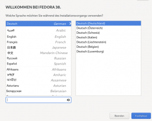 Screenshot: Auswahl der Systemsprache vor der Installation, hier ist bereits "Deutsch" vorgewählt.