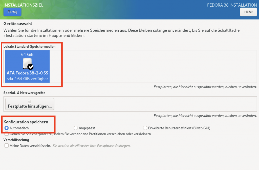 Screenshot: Auswahl des Speichermediums und der Option "Konfiguration speichern: automatisch".