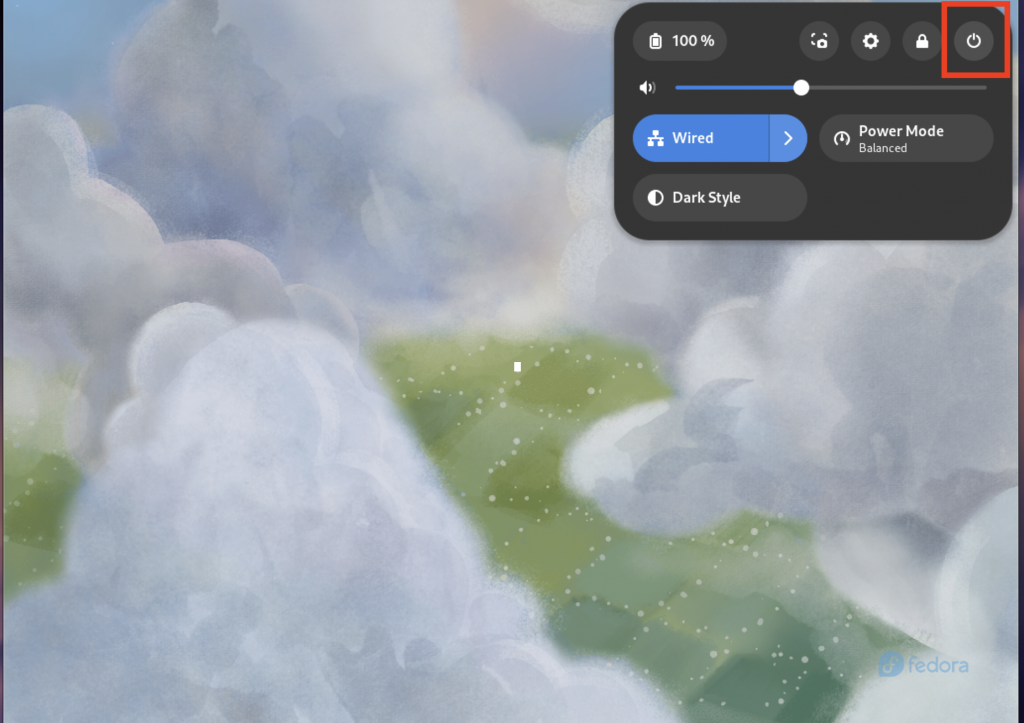 Screenshot: Nach der Installation, GNOME-Desktop mit Auswahlmenü in einem Popup-Fenster in der oberen rechten Bildschirmecke.