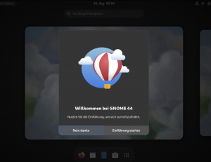 Screenshot: Start der Einführung zum GENOME-Desktop mit dem Schriftzug "Willkommen bei Gnome 44", darüber die Zeichnung eines rot-weiß-gestreiften Heißluftballons vor blauem Himmel mit drei hellen Wolken. Unten zwei Schaltflächen "Nein danke" und "Einführung starten".
