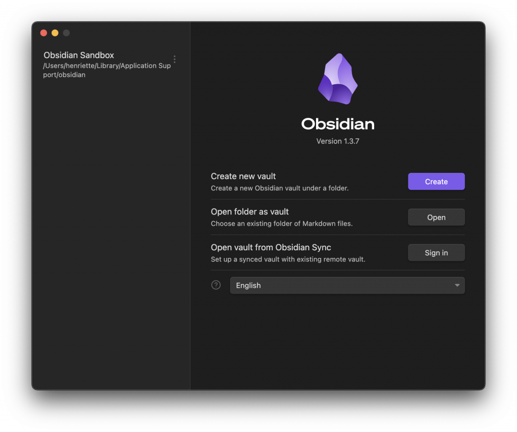Obsidian Startbildschirm mit Assistent für Vault und Sprache