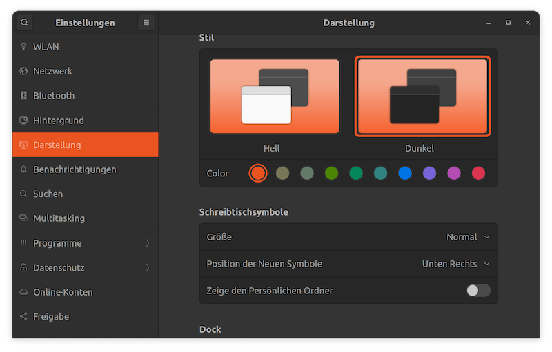 screenshot: Ubuntu, Einstellung der Farbein für die Benutzeroberfläche