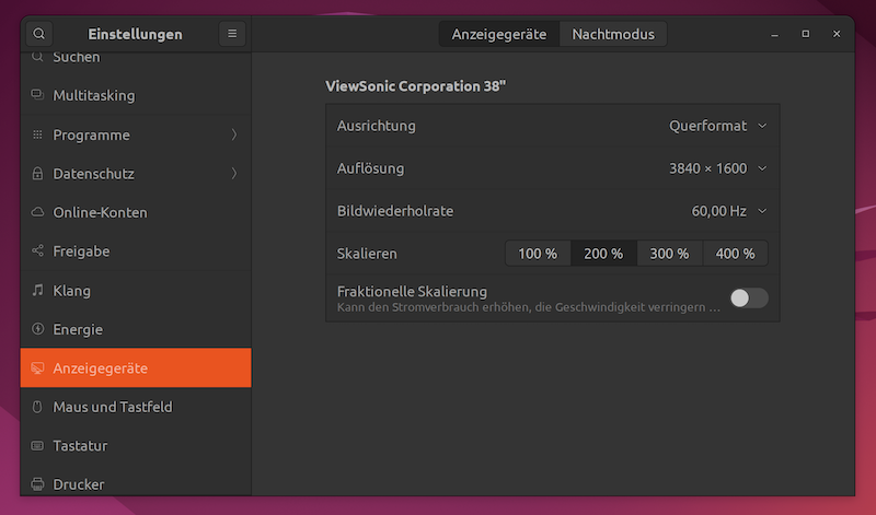Ubuntu Einstellungen für die Anzeige mit vier Skalierungsmöglichkeiten.
