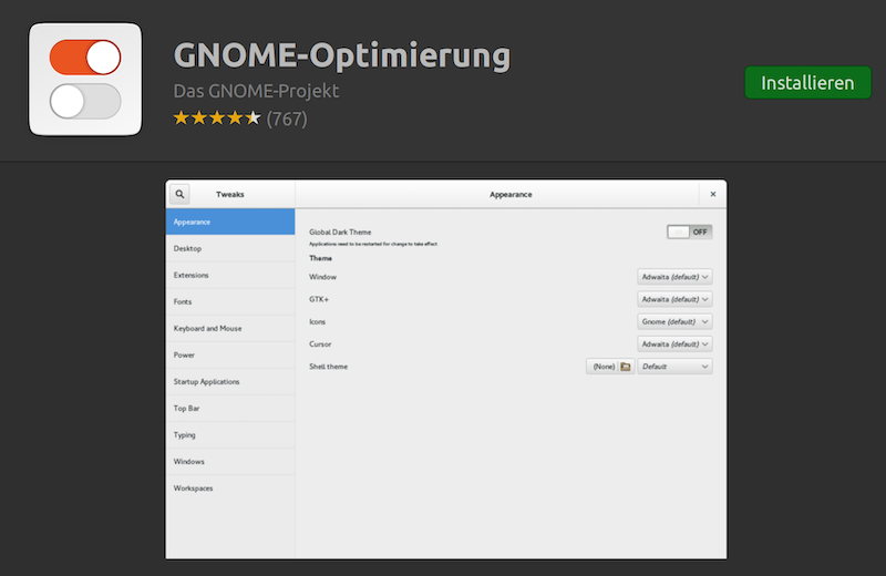 Softwareverwaltung: Installation der App GNOME-Optimierung