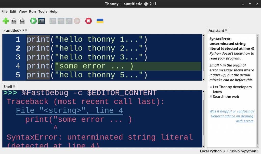 Fedora 38, Thonny, fehlerhafter Code wird in der Konsole rot gekennzeichnet und im rechten Fensterbereich: "Assistent" erläutert.