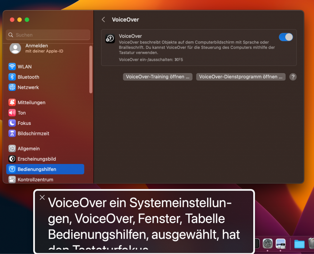 Mac VoiceOver: Einblendung des gesprochenen Bereichs