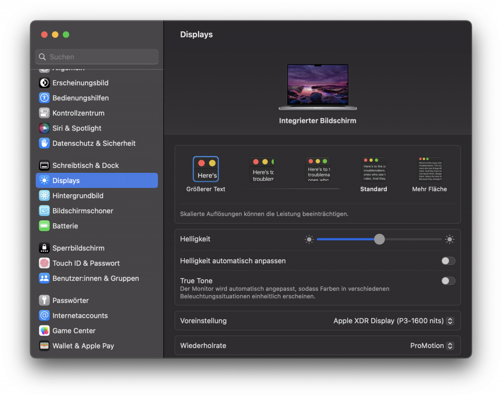 Screenshot: Mac Einstellungen für das Display, "größter Text" ist ausgewählt.