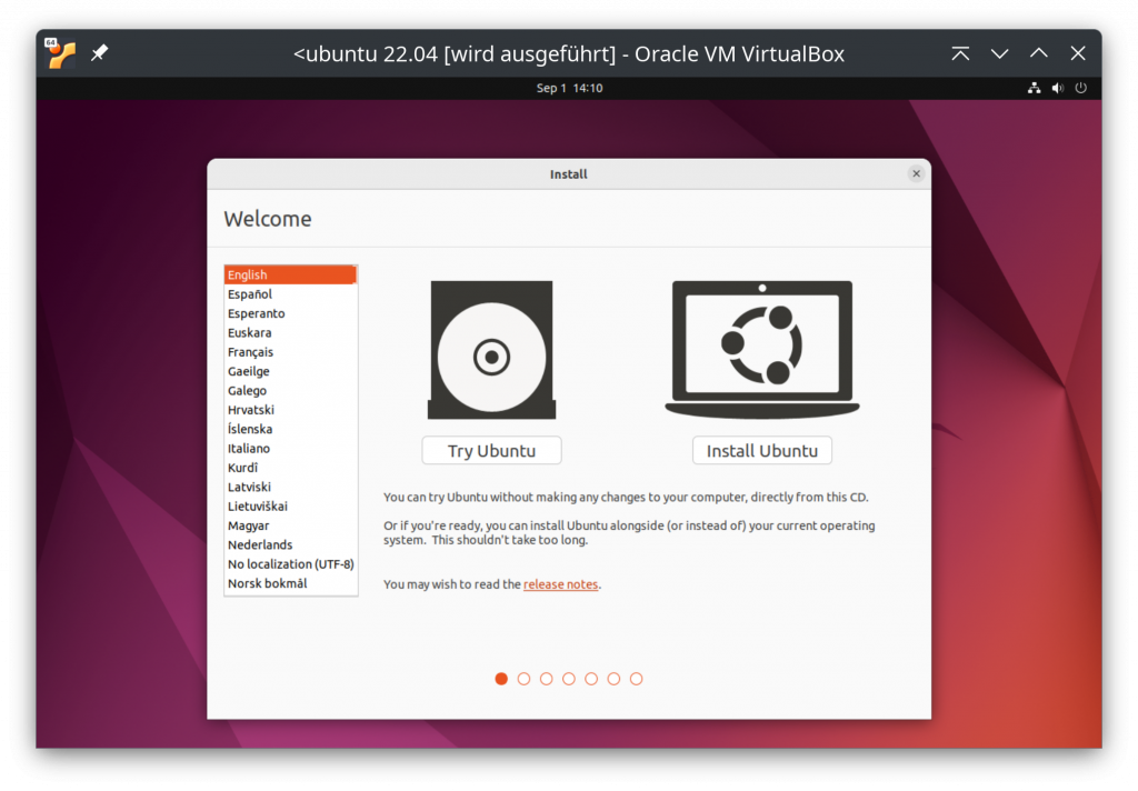 Screenshot: Fenster nach dem Start vom USB-Stick,  eine Grafik mit einer CD und dem Button "Try Ubuntu" und die Grafik eines Notebooks mit Ubuntu-Logo im Display und dem Button "Install Ubuntu". Links daneben das Auswahlmenü für die Sprache.