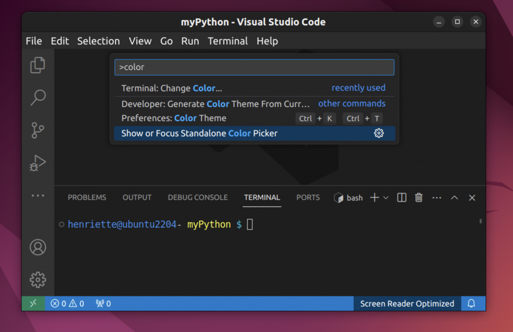 VS Code: der Screenshot zeigt die geöffnete Command Palette.