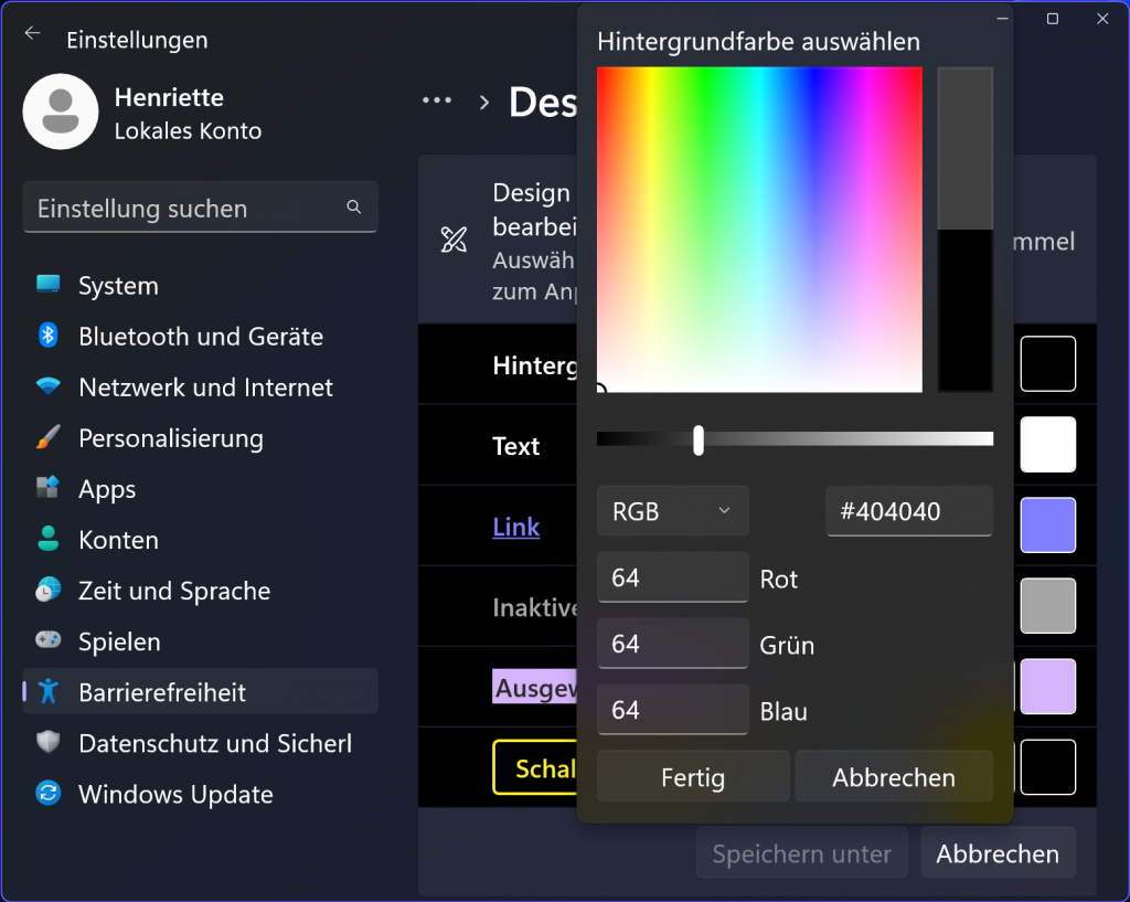 Windows 11: individuelle Farben für ein Kontrast-Thema auswählen