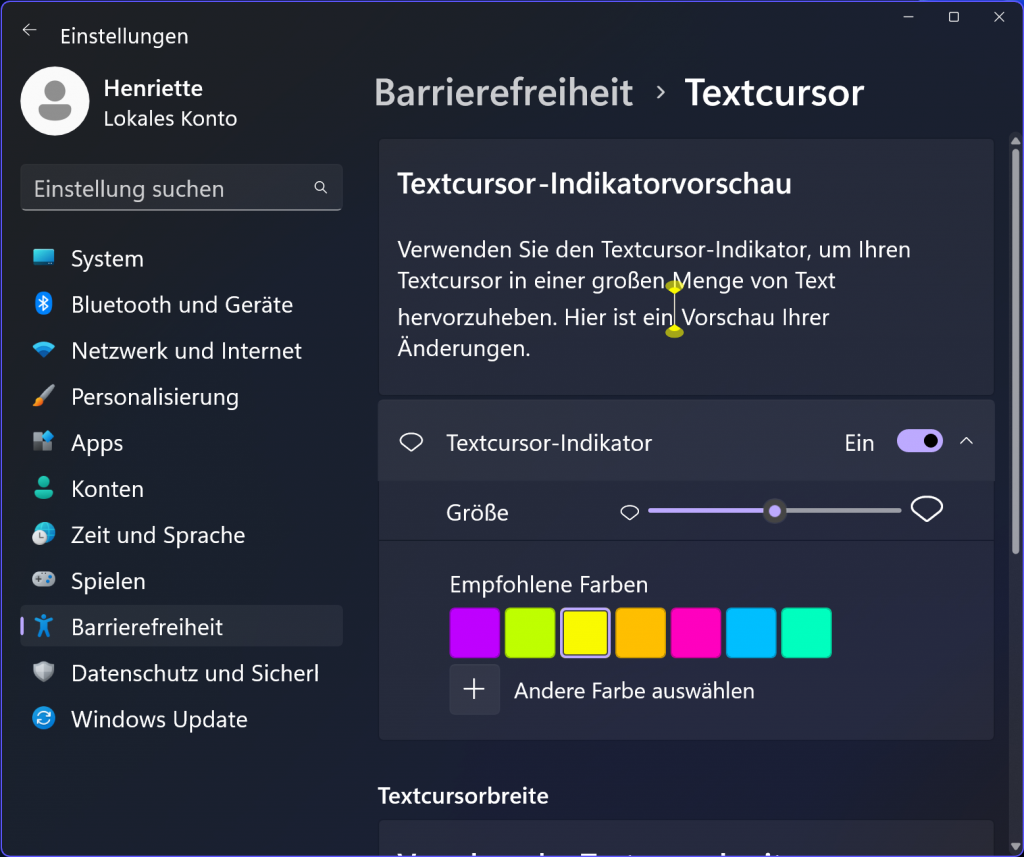 Windows 11: die Cursorgröße anpassen und eine farbige Markierung hinzufügen.