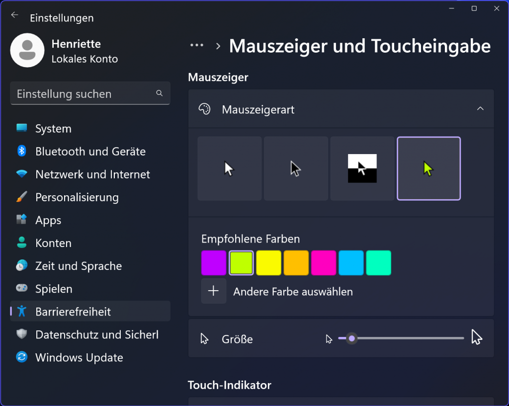 Windows 11: eine individuelle Größe und Farbe für den Mauszeiger auswählen