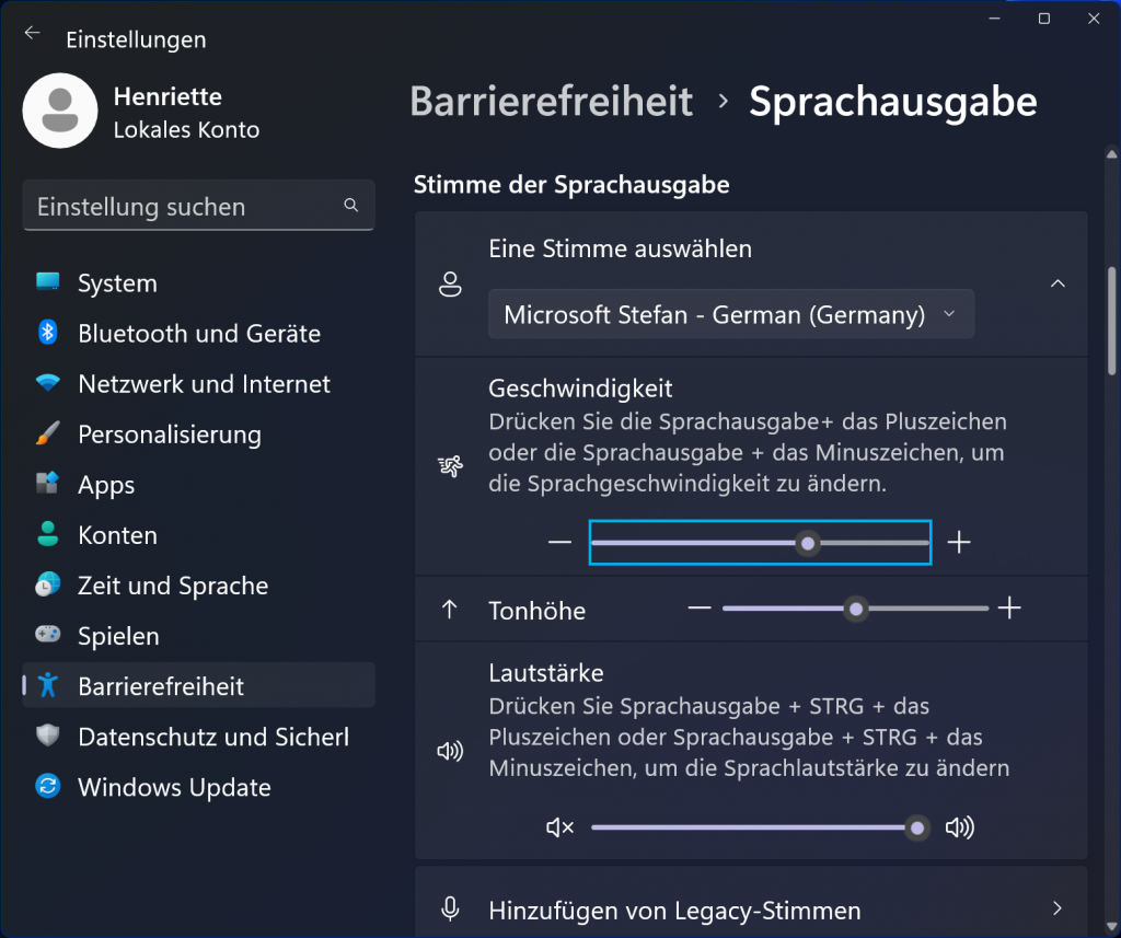 Windows 11 Sprachausgabe, Sprechgeschwindigkeit wählen.