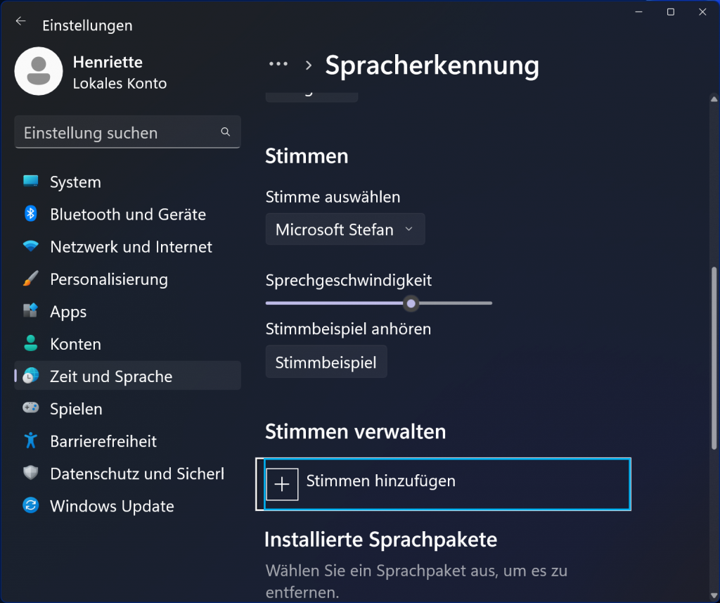 Windows 11 Sprachausgabe, Stimmen hinzufügen.