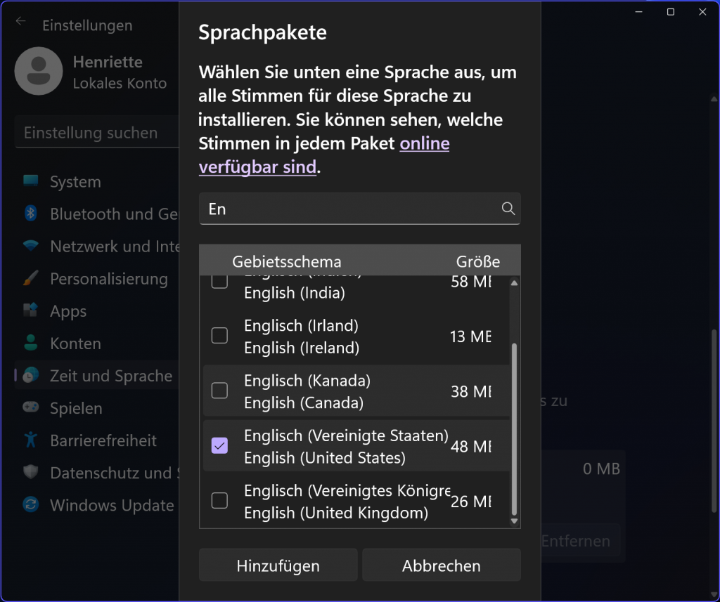 Windows 11 Sprachausgabe, Sprachpaket für weitere Sprachen hinzufügen.