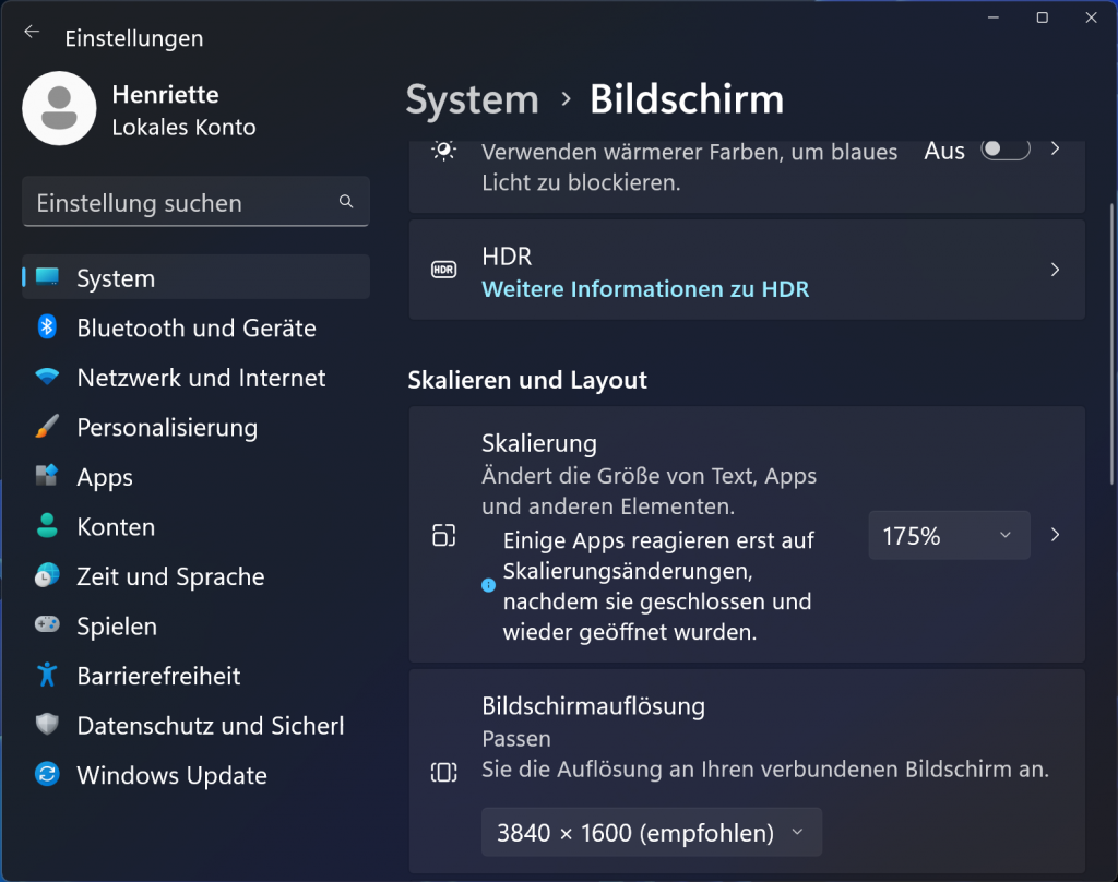 Windows 11, Einstellungen: Bildschirm Skalierung