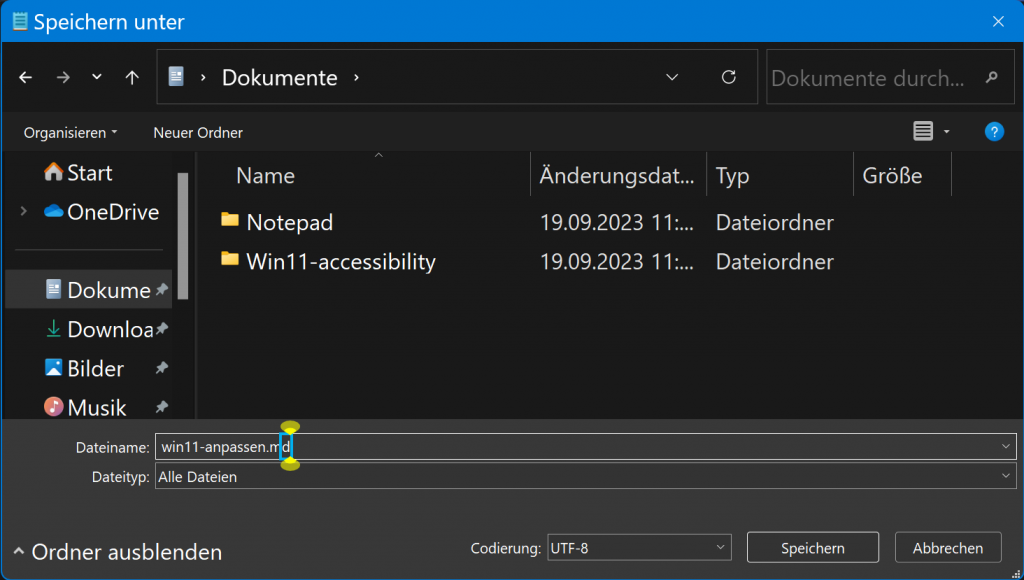 Windows 11: Dialogfeld zum Speichern  im Explorer