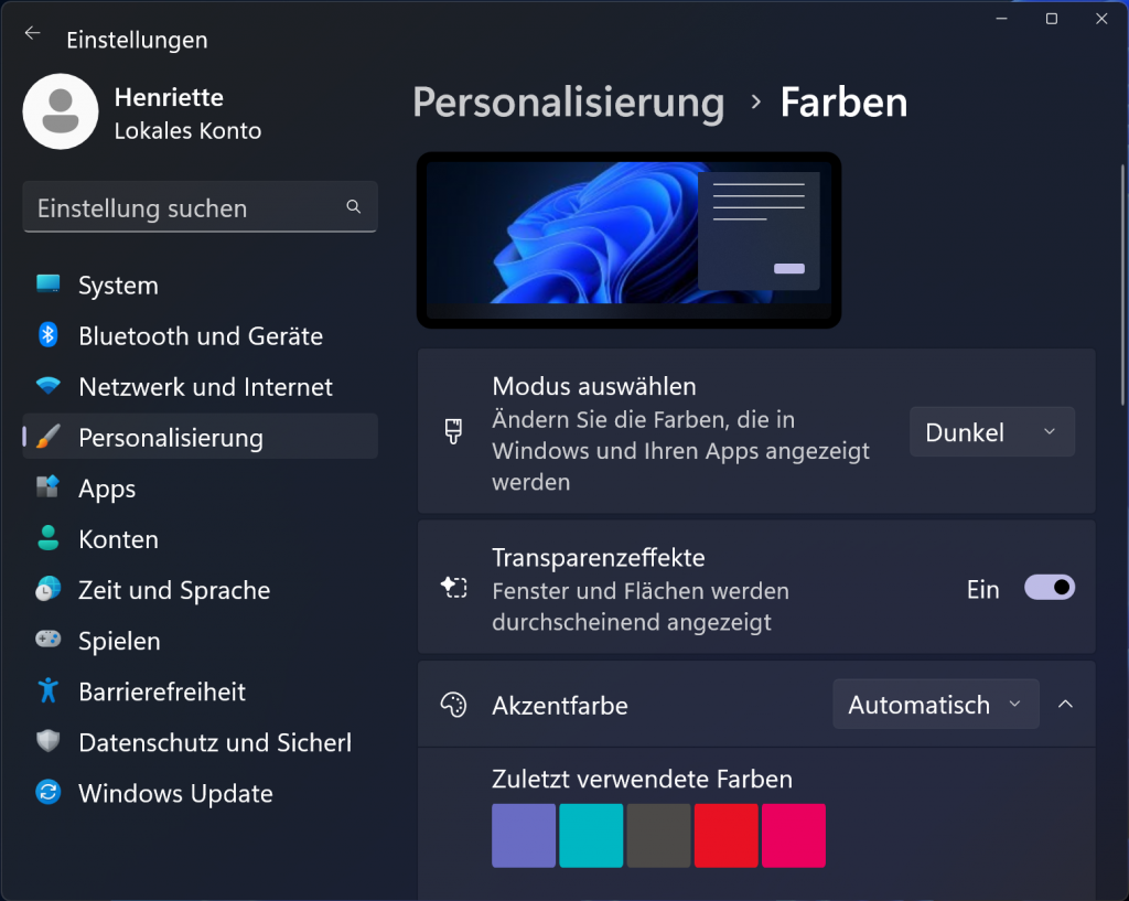 Windows 11: Einstelllungen für die Akzentfarbe
