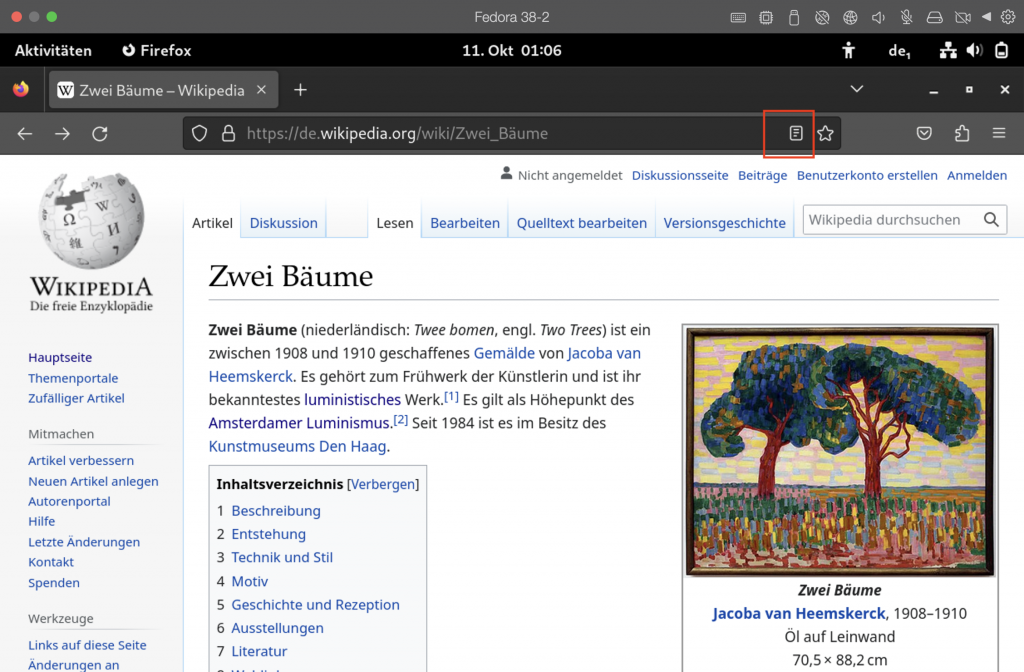 Firefox zeigt eine Wikipedia-Seite. In der Adressleiste ist die Schaltfläche für den Lesemodus sichtbar und mit einem roten Rechteck markiert.