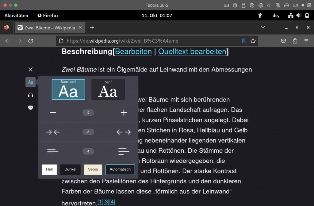 Firefox mit aktiviertem Lesemodus, ein PopUp-Fenster zeigt die Einstellungen für Text und Hintergrundfarbe.