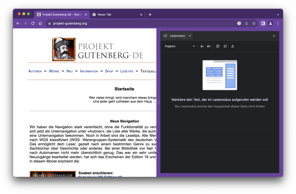 Google Chrome mit der Startseite von Projekt Gutenberg, auf der rechten Seite das Fenster für den Lesemodus zeigt eine Aufforderung, Text zu markieren, um ihn vorlesen zu lassen.