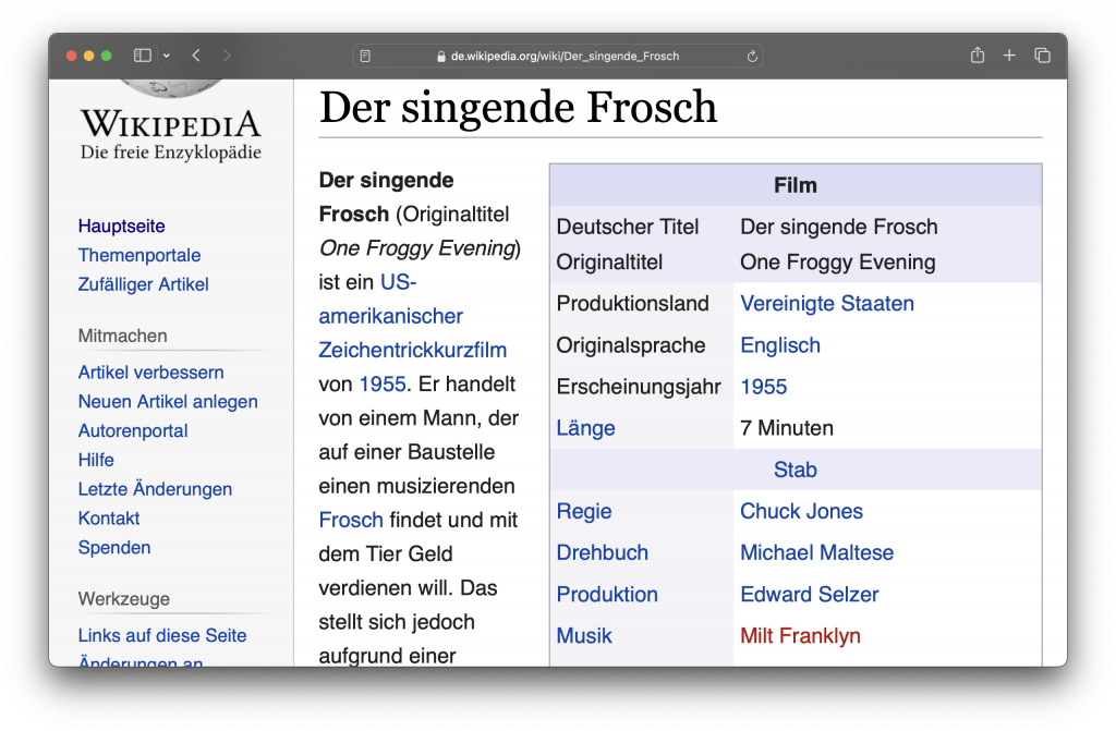 Im Browser Safari ist eine Wikipedia-Seite geöffnet, in der Adressleiste wird links ein Symbol für den Lesemodus angezeigt.