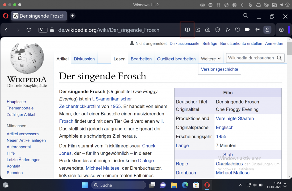 Der Browser Opera mit einer Wikipedia-Seite, in der Adressleiste ist ein Symbol für den Lesemodus sichtbar.