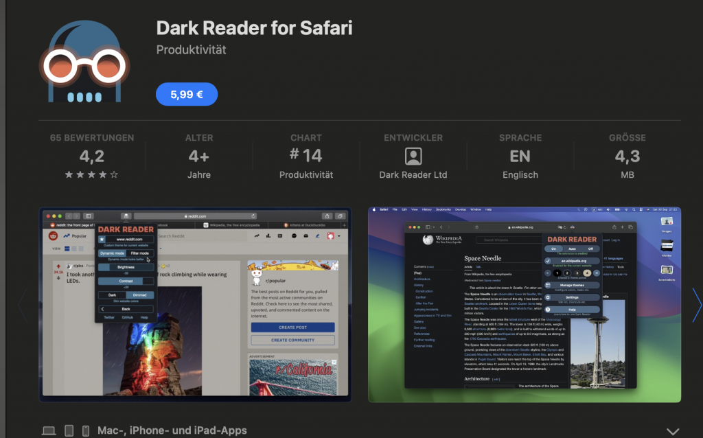 Screenshot des Mac Appstore mit der Safari-Erweiterung "Dark Reader for Safari"