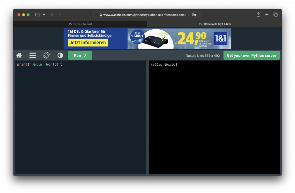 Die Python-Console der Webseite w3schools, rechts ein Code-Editor, links ein Vorschaufenster. Darüber eine Menüleiste und darüber ein Werbebereich.