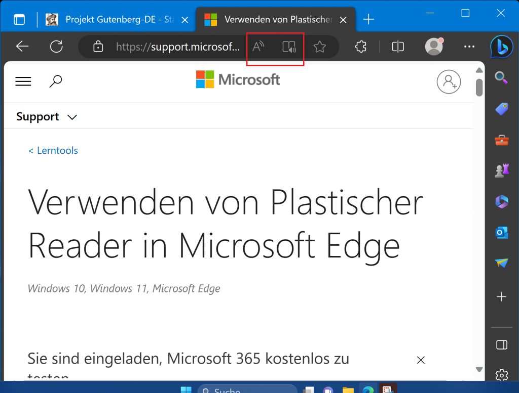 Microsoft Edge, eine Microsoft-Support-Seite wird angezeigt. In der Adressleiste sind die Symbole für die Vorlesefunktion und den Lesemodus sichtbar.