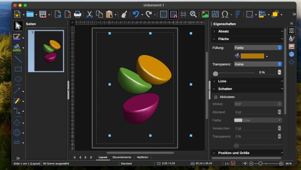 LibreOffice Draw auf dem Mac, im dark Mode und mit großen Symbolen