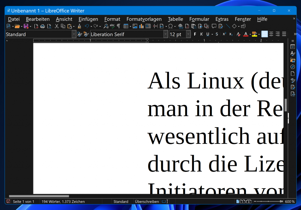LibreOffice Writer unter Windows, der Dokumententext ist stark vergrößert.