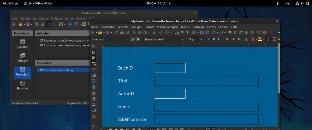 LibreOffice Base unterFedora: Formular mit blauem Hintergrund