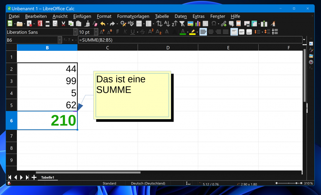 LibreOffice Tabellenkalkulation "Calk" die Textgröße der Zahlen in der Tabelle und in einem Kommentarfenster sind stark vergrößert.