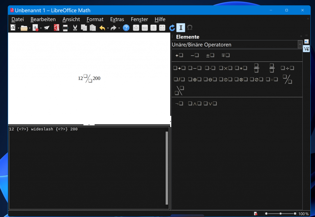 LibreOffice Math unter Windows, Schrift im Editor und in der Vorschau sind nicht vergrößert.