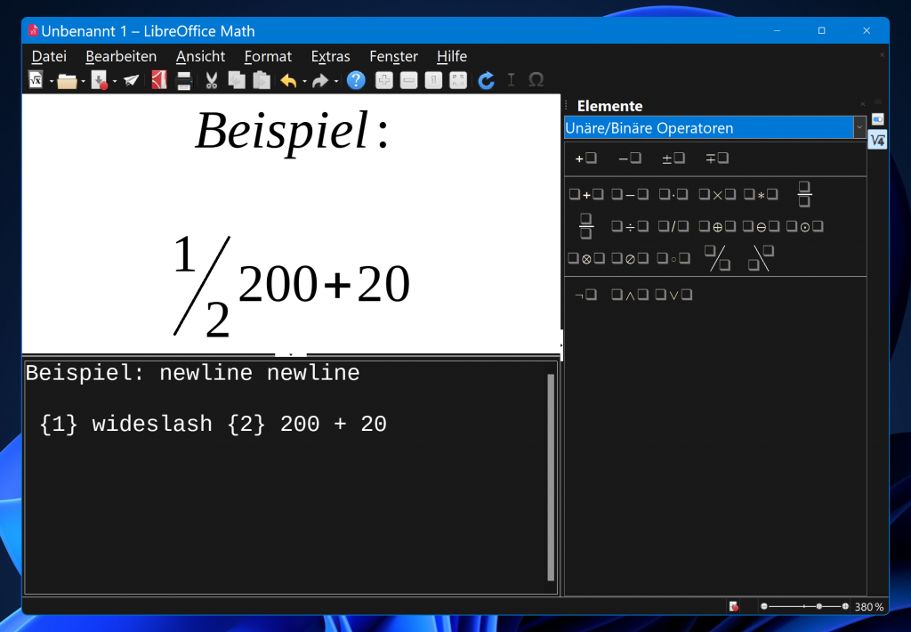 LibreOffice Math unter Windows, der Text im Formel-Editor und in der Vorschau sind vergrößert.