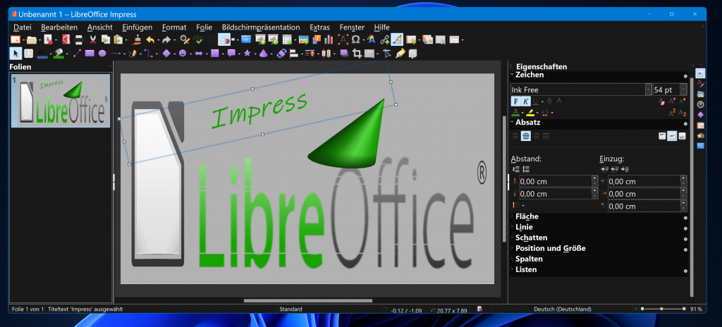 Libre Office Impress unter Windows, im Hauptfenster eine Beispielfolie