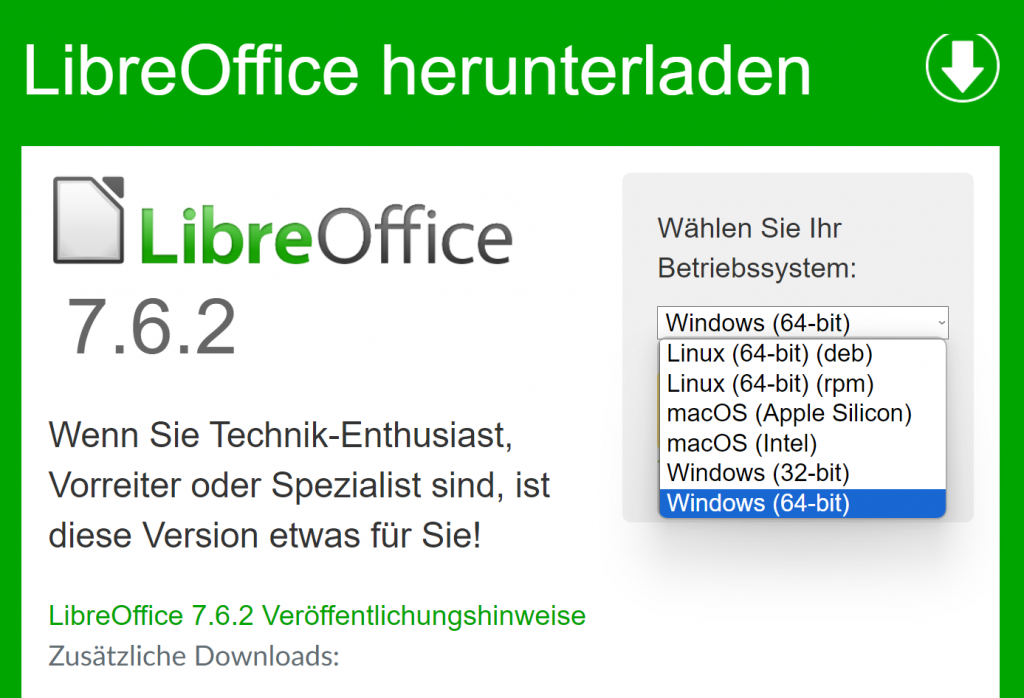Screenshot der Website: LibreOffice herunterladen, ein Auswahlfeld zeigt mehrere Betriebssysteme, Windows ist blau hinterlegt.