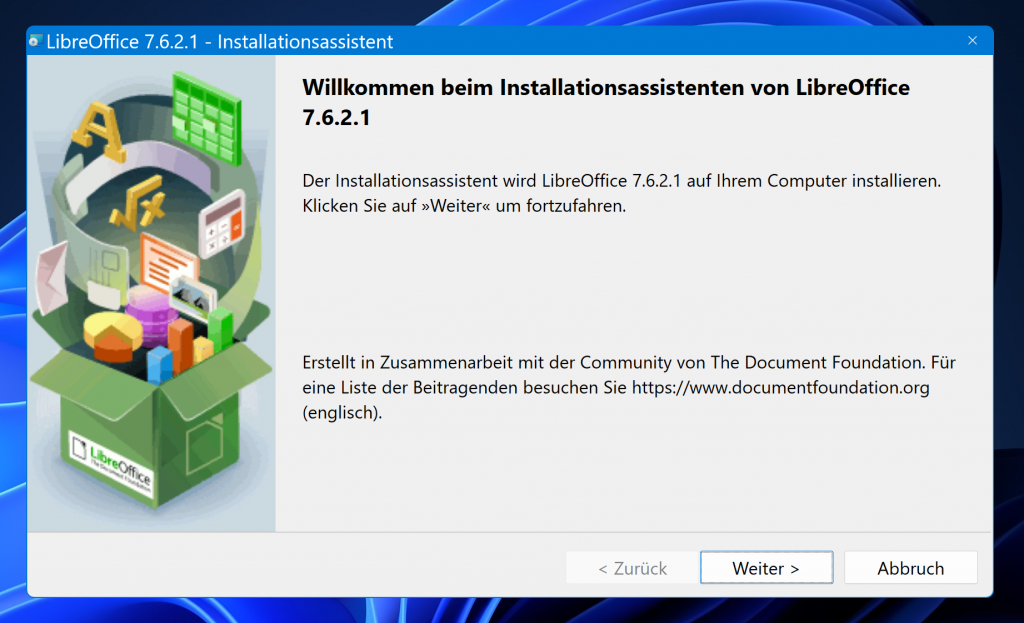 LibreOffice unter Windows, das Startfenster des Installationsassistenten.