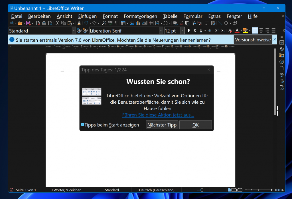 LibreOffice unter Windows, Fenster der Textverarbeitung Writer nach dem ersten Start.