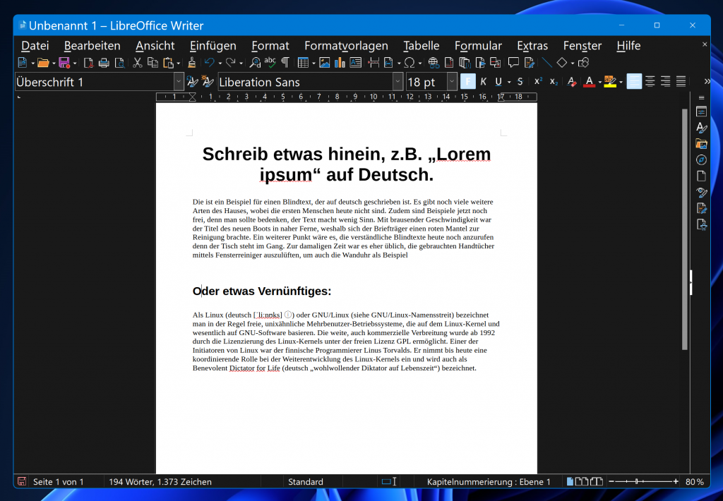 LibreOffice Writer unter Windows mit Beispieldokument.