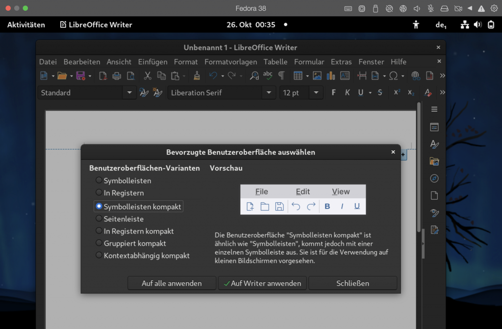 LibreOffice unter Fedora: Einstellungen für die Benutzeroberfläche, Symbolleisten kompakt ist ausgewählt.