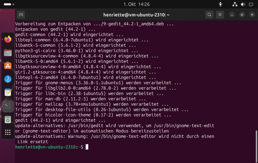 Ubuntu Terminal mit dem Text währen und nach der Installation von Gedit, u.a. wird angezeigt: "gedieht 44.2-1 wird eingerichtet...