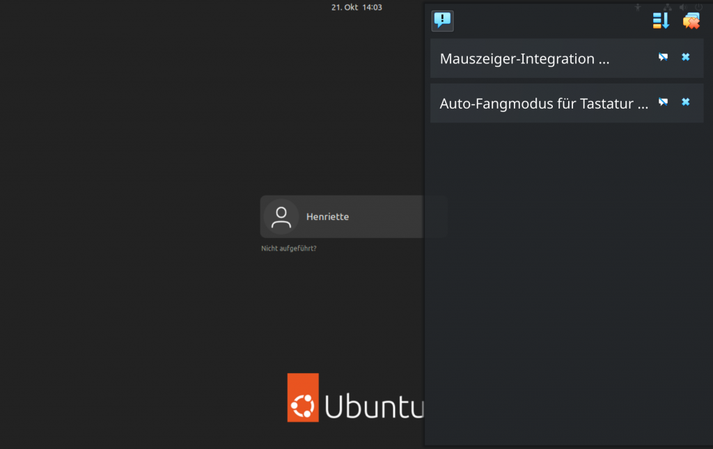 Anmeldebildschirm von Ubuntu in einer VM, rechts in einer Seitenleiste Hinweise auf Maus- und Tastatur-Integration