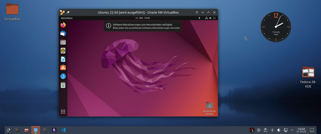 Fenster einer VM mit Ubuntu 22.04, darin ein Fenster des Dateiexplorers. Im Hintergrund der Desktop des Host-Betriebssystems.