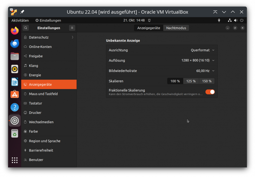 Das Fenster einer VM mit Ubuntu 22.04, die Systemeinstellungen, Optionen für Anzeigegeräte sind geöffnet, bei "Skalieren" ist 100% ausgewählt.