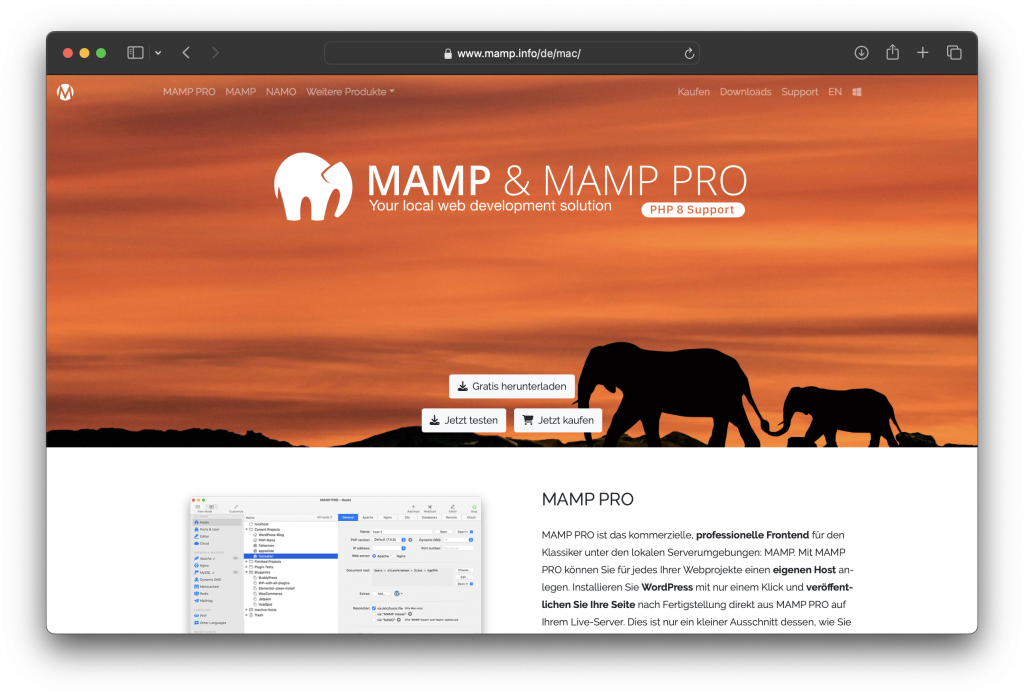 Startseite der Mamp-Website