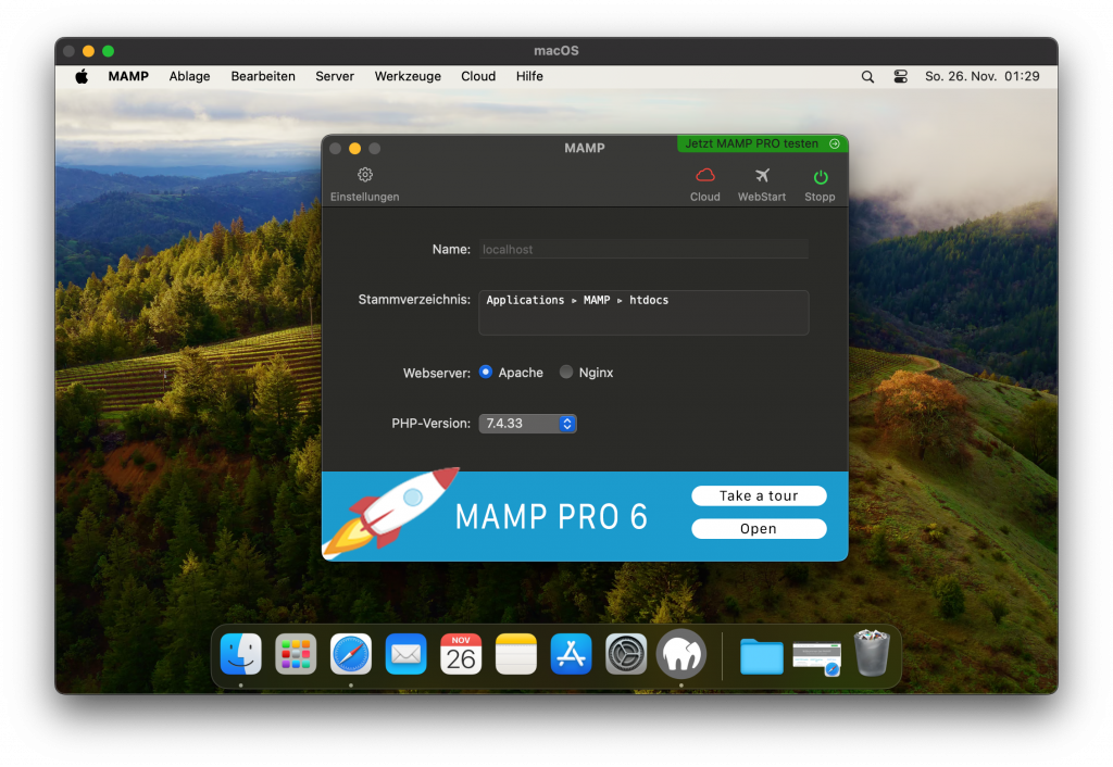 Mamp-dashboard auf dem Mac, in der oberen rechten Ecke ist das Power-Symbol grün gefärbt.